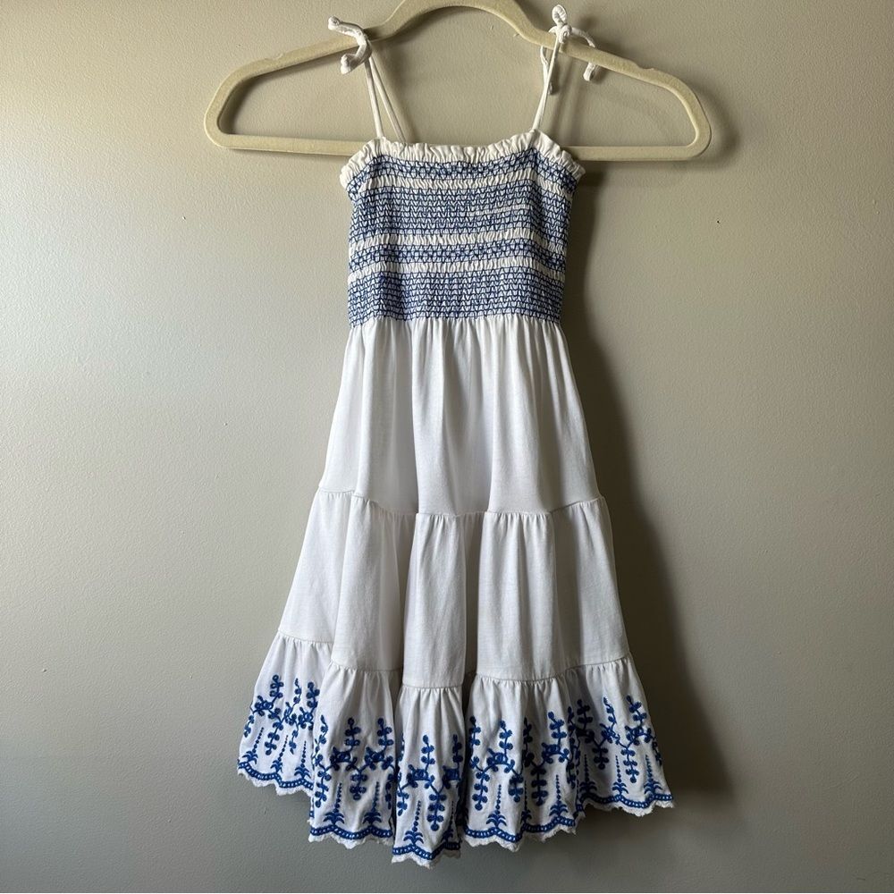 Polo Ralph Lauren White Smocked Eyelet Cotton Blue Embroidered Dress Size 6X